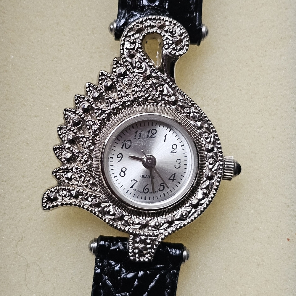 Silver Ornate Watch with Black Strap...Avon...Swan